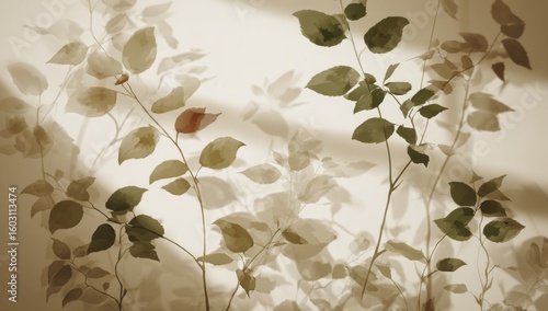 Delicate shadows of leaves on a light beige wall.