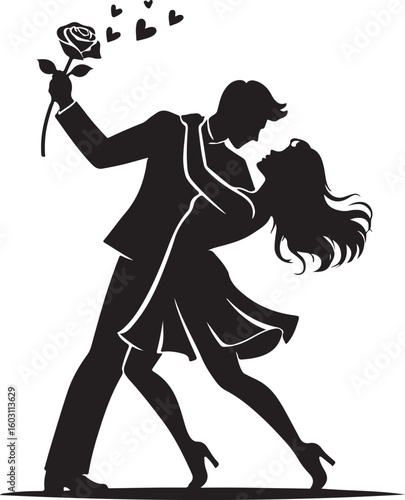Couple dancing romantically holding a rose romance hearts