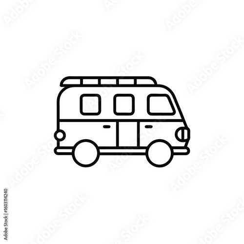 Simple line art camper van with roof rack isolated on white background