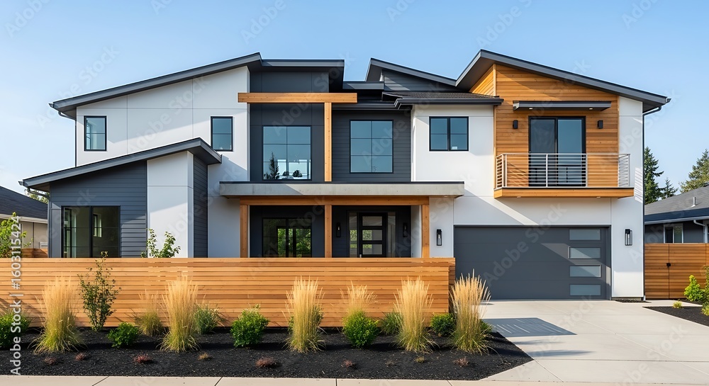 Fototapeta premium Modern Contemporary Home Exterior with Wood Accents and Sleek Design Beautiful Architecture Suburban Living and Garden Landscape