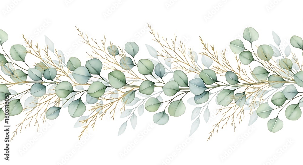 Fototapeta premium Watercolor Eucalyptus Greenery and Golden Branches Border Frame for Wedding Invitations and Springtime Decor Design Element on White Background