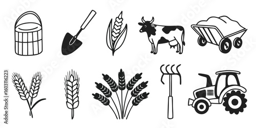 Black and White Farming and Agriculture Icons Illustration on Transparent Background This illustration features farming