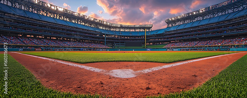 Dramatic sunset view of a packed baseball stadium, showcasing the pitchers mound from a low angle.  The vibrant colors and full stands evoke excitement and the thrill of the game.