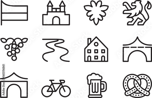 Bavarian Culture Icon Set Vector Illustration Depicting Traditional Symbols and Landmarks
