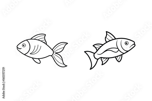 Two cartoon fish swimming illustration black and white