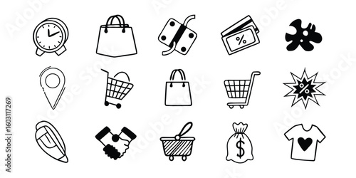 Hand Drawn Shopping Icons Featuring Bags Carts Money and Deals on Transparent Background collection hand drawn