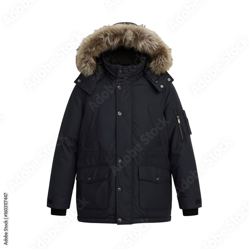 Stylish men's dark parka jacket with a faux fur hood, perfect for winter outings.