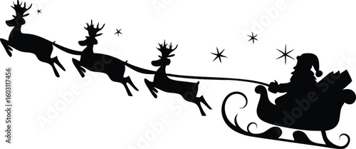 Santa Claus Riding Sleigh with Reindeers Silhouette – Christmas Vector Illustration
