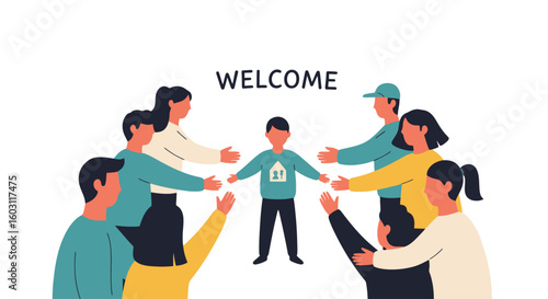 Welcoming Newcomer: Group Embracing a Child
