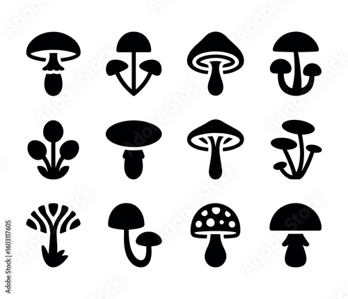 Black and white mushroom icon set