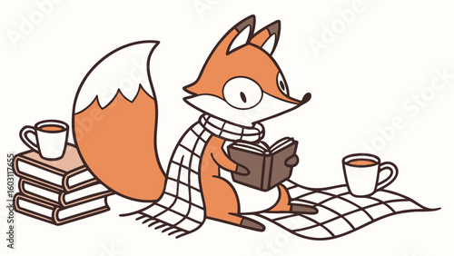 Vector illustration of a Bashful Fox, styled in a Bookworm Day theme using Cozy Reading colors