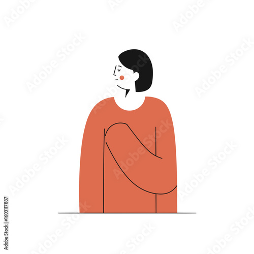 Abstract illustration of a woman in orange sweater looking sideways  