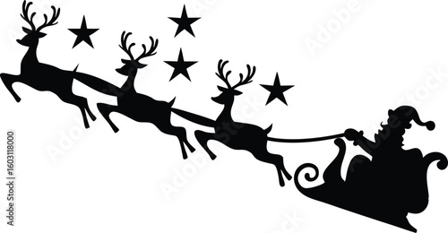 Santa Claus Riding Sleigh with Reindeers Silhouette – Christmas Vector Illustration
