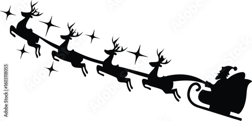 Santa Claus Riding Sleigh with Reindeers Silhouette – Christmas Vector Illustration
