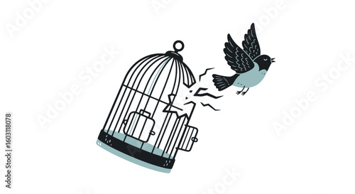 Freedom Unleashed: Bird Escaping Cage Illustration