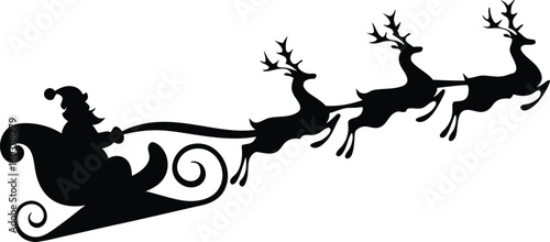 Santa Claus Riding Sleigh with Reindeers Silhouette – Christmas Vector Illustration
