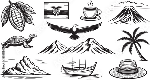 Ecuadorian Culture and Landmarks Line Art Collection Featuring Iconic Symbols