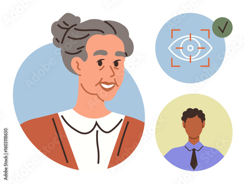 Elderly woman smiling in profile, biometric eye scanning icon with approval checkmark, and additional user portrait symbol. Ideal for security, technology, biometrics, identification, privacy