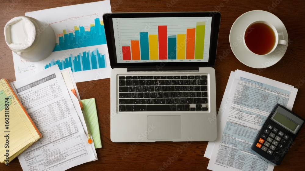 Obraz premium An overhead shot of a desk with a laptop displaying a colorful financial bar chart, surrounded by financial reports, a calculator, and a cup of coffee.