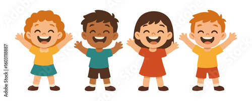 Joyful happy kids smiling cartoon vector illustration design poster template with cheerful boy and girl character childhood lifestyle fun holiday background festival celebration and creative artwork