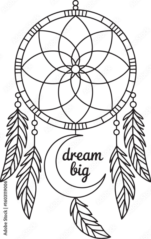 Fototapeta premium Dreamcatcher with feathery detail Oval curve frame silhouette line art royalty free premium quality