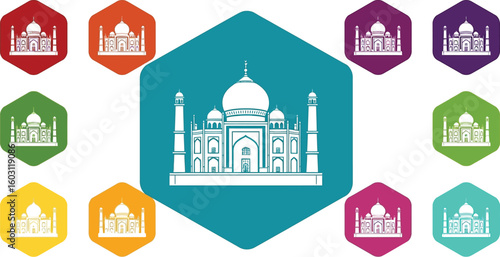 Taj mahal vector icons set in different colors isolated on white background