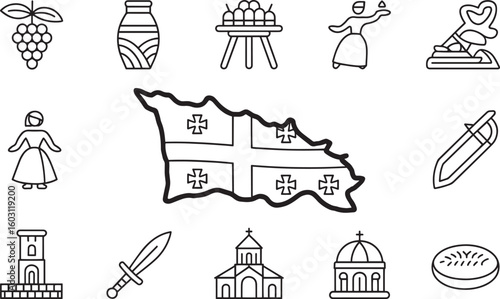 Georgia Country Map Outline with National Symbols Vector Illustration Isolated Art