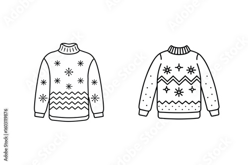 Festive sweaters with snowflake and zigzag patterns