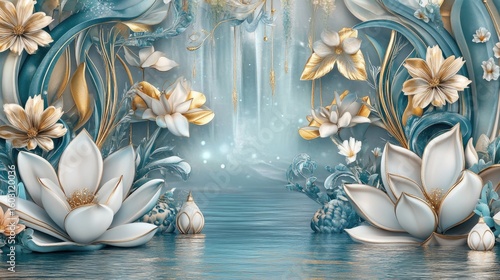 Floral fantasy scene, water reflections