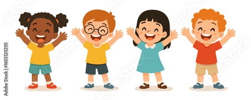 Smiling happy kids cartoon artwork poster template design vector illustration with cheerful boy and girl joyful expression childhood lifestyle holiday event and creative background celebration art