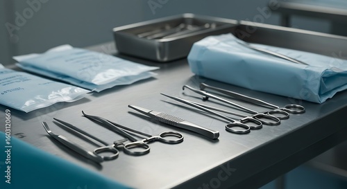 Sterile Surgical Instruments and Wrapped Packs on a Stainless Steel Table in a Hospital Operating Room Setting