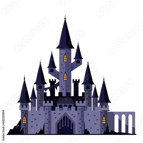 Haunted dark castle with tall spires and glowing windows, flat cartoon style on white background. Concept of fantasy, mystery, horror. Vector illustration