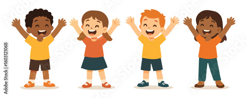 Cute kids joyful cartoon artwork poster design template vector illustration with boy and girl character fun childhood expression lifestyle holiday background festival celebration and creative art