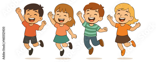 Cheerful kids joyful expression vector cartoon artwork design template for poster with smiling boy and girl character childhood lifestyle holiday celebration and fun creative background drawing