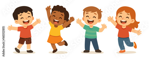 Happy kids cheerful poster design template vector cartoon illustration with boy and girl smiling character joyful artwork lifestyle children fun holiday celebration and creative background design