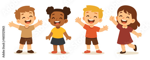 Adorable smiling kids happy cartoon illustration vector design for poster template cheerful boy and girl childhood artwork joyful children character lifestyle holiday and celebration background