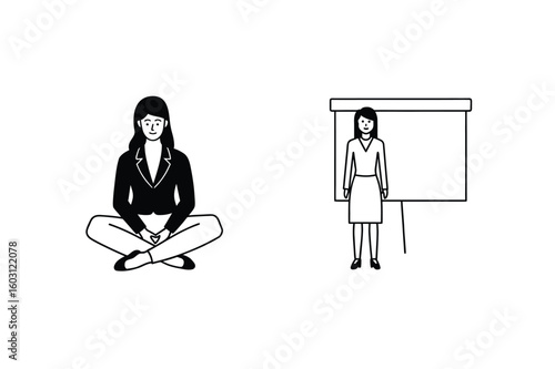 Woman meditating and woman presenting meditation presentation