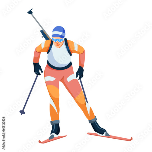 Biathlon skier in action, dressed in colorful gear with rifle and ski poles, flat graphic style on white background. Concept of winter sport. Vector illustration
