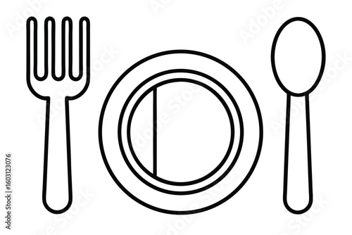 Simple Line Art Illustration of a Plate with Fork and Spoon