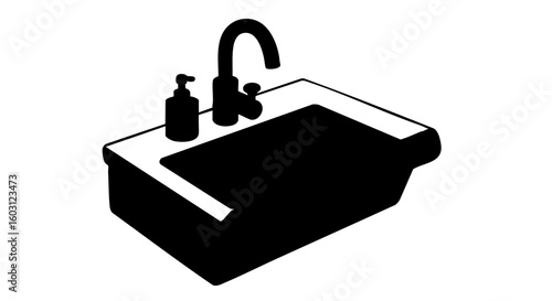 A minimalist black and white illustration of a bathroom sink.