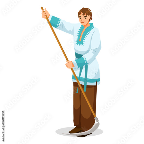 Male farmer in traditional folk costume holding a wooden scythe, flat cartoon style on white background. Concept of rural life. Vector illustration