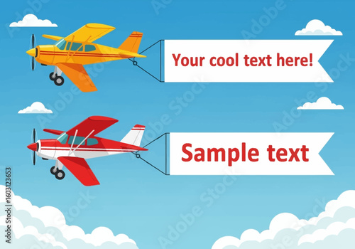 Two vintage biplanes flying through a bright blue sky each trailing a banner for custom text
