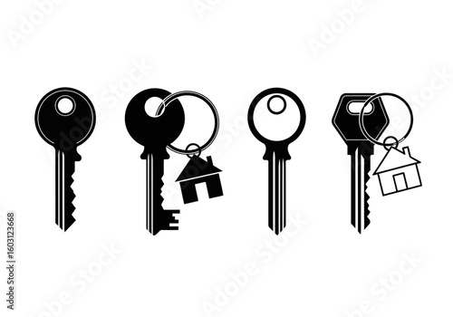 Collection of Black Silhouette House Keys with Keychains Showing Simple Home Icons symbolizing Property Ownership and Access