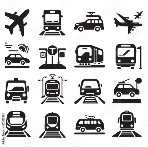 Air Auto Railway Transport Silhouette Icon Set. Stop Station Sign for Public Transport Glyph Pictogram. Car, Bus, Tram, Train, Metro, Plane, Ship Icon in Front vector graphics