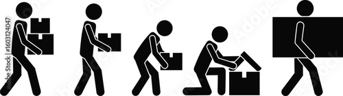 Worker icons carrying boxes, package handling, lifting items, shipping process, warehouse job concept, delivery service pictogram, parcel movement, manual labor symbols, 