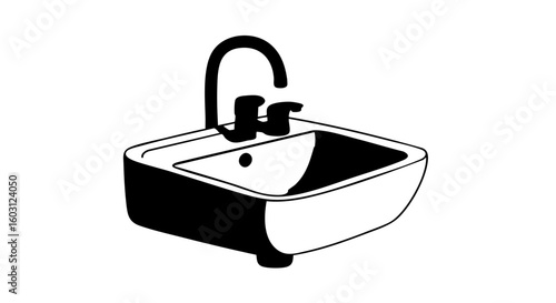 A minimalist illustration of a washbasin with a faucet in a bathroom.