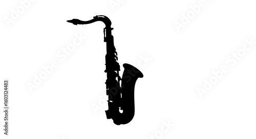 A sleek silhouette of a saxophone against a plain background.
