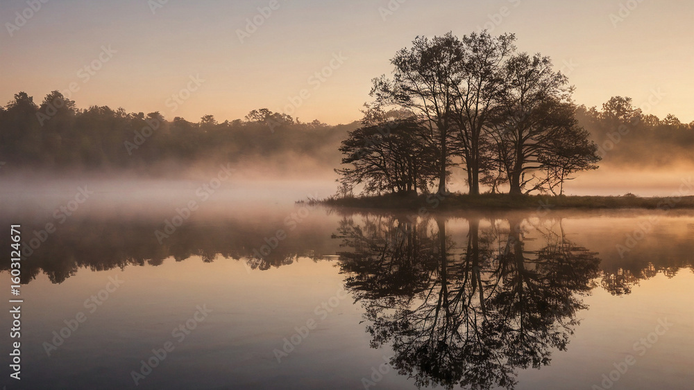 Fototapeta premium Mist over still water in early dawn