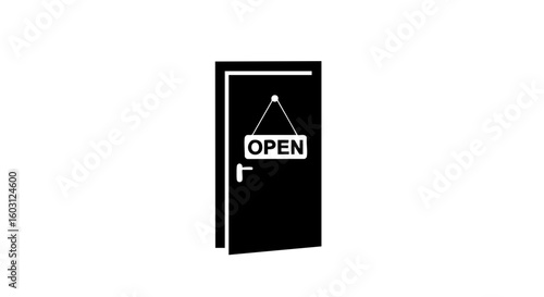 A simple black and white illustration of an open door with an open sign.