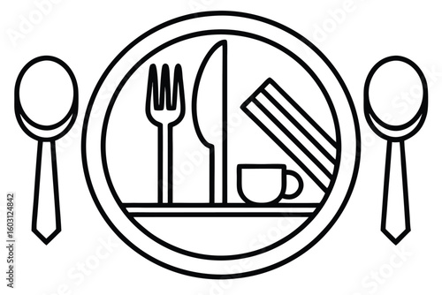 Simple Line Art Illustration of a Plate with Fork and Spoon